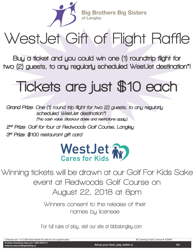 WestJet Gift Of Flight Raffle 2018 - Big Brothers Big Sisters of Langley